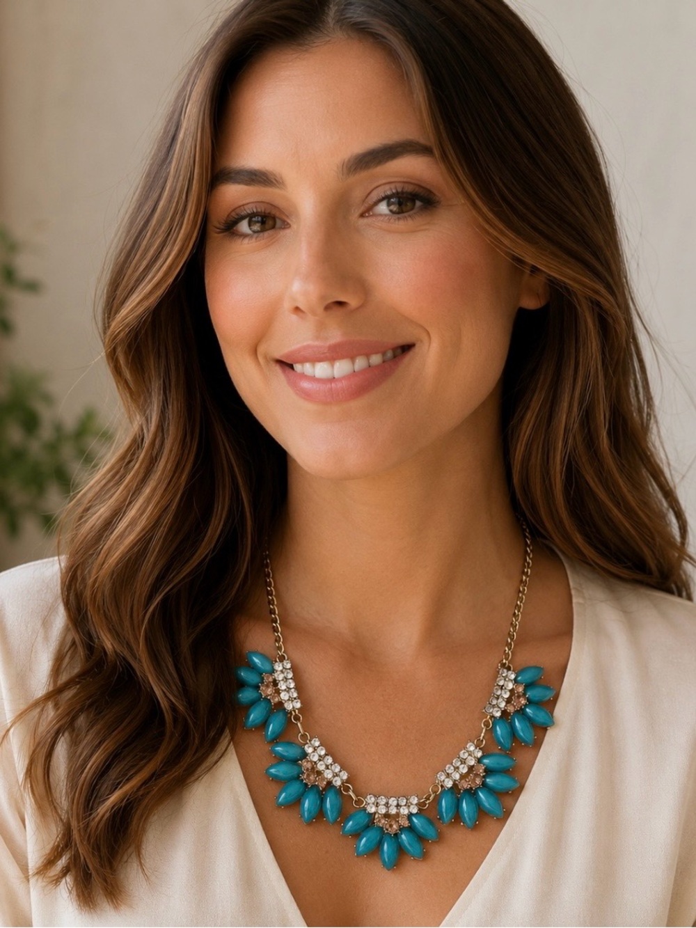 Turquoise cabochon, peach gem and rhinestone necklace